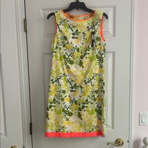 T Tahari Yellow & Green Floral Midi Dress with Neon Coral Trim